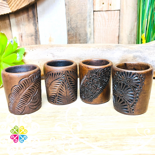 Set of 4 Carved Vaso Tequilero - Barro Café Oaxaca