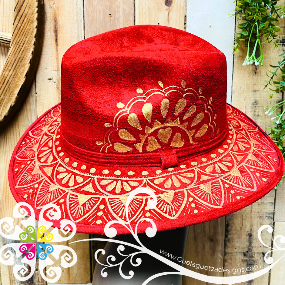 Wine Red Indiana Mitla Velvet Hat - Hand Painted Hat