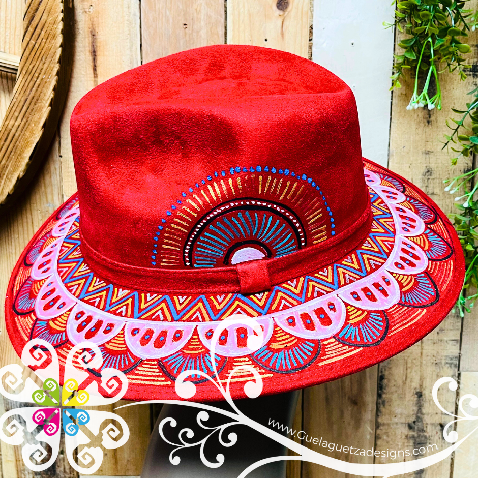 Wine Red Indiana Mitla Velvet Hat - Hand Painted Hat