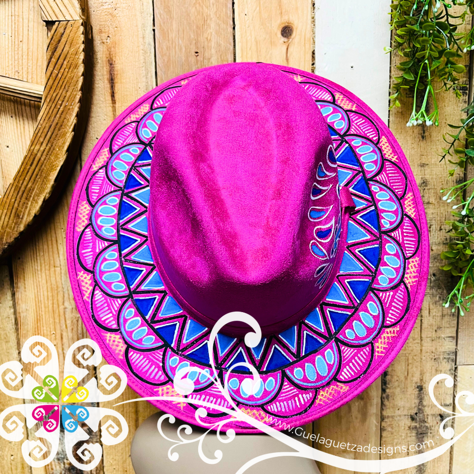 Fuchsia Indiana Mitla Velvet Hat - Hand Painted Hat