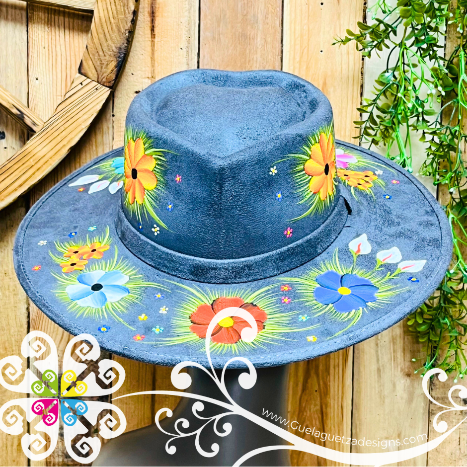 Dark Gray Heart Mitla Velvet Hat - Hand Painted Hat