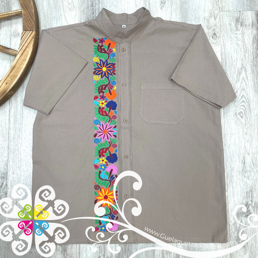 Khaki Floral Stripe Shirt - Embroider Men Shirt