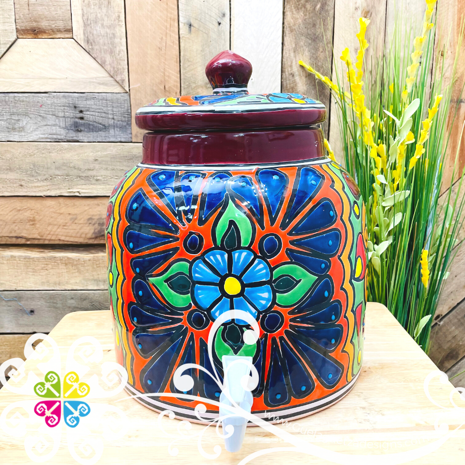 WATER CROCK, Talavera Mexican Pottery, Water Dispenser, Glazed Paint Folk  Art 