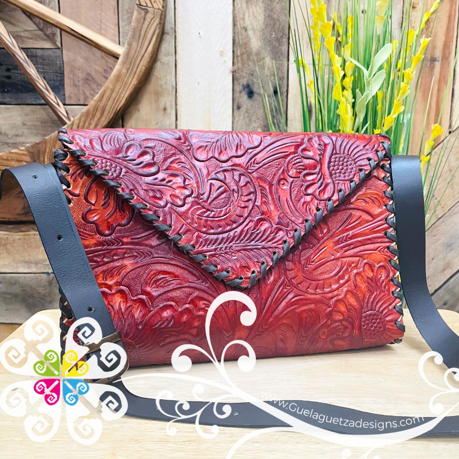 Floral Stamping Leather Crossbody - Carteron de Piel