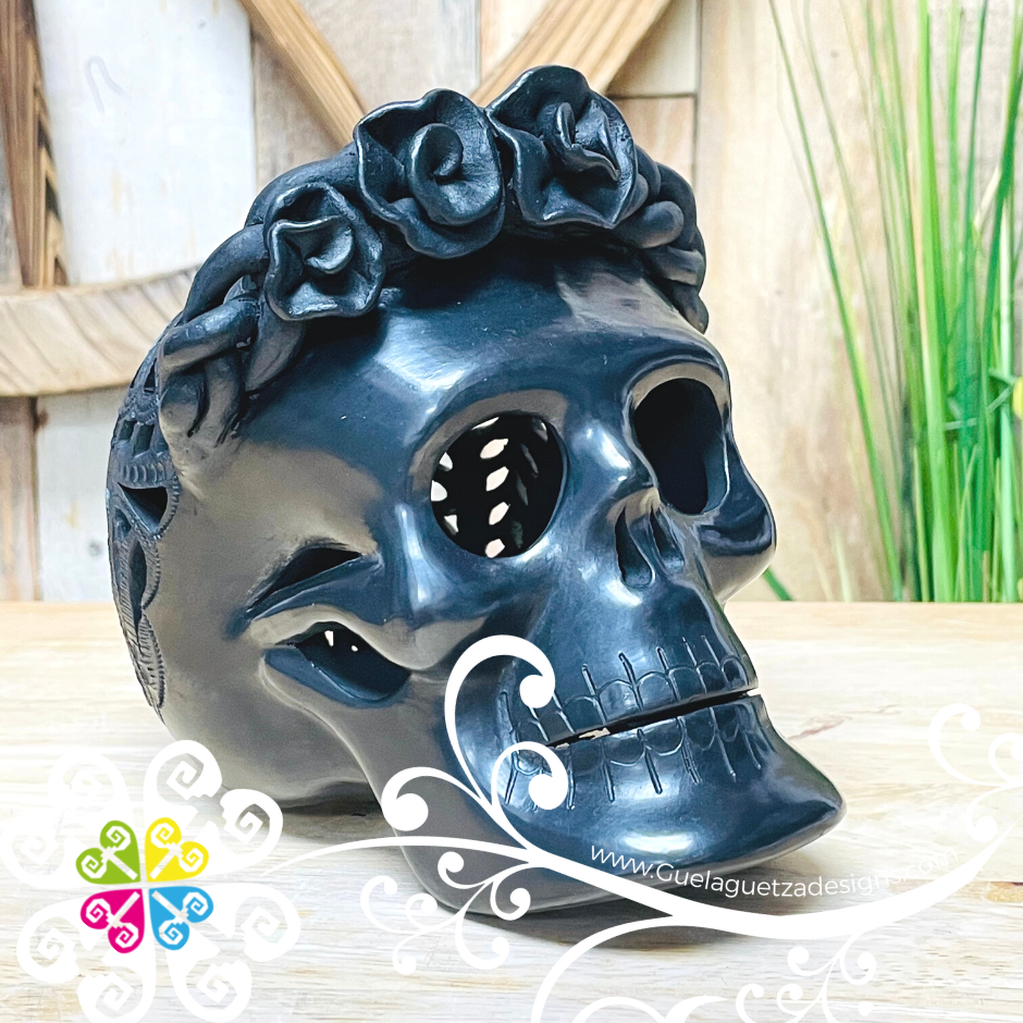 Large Frida Skull  - Black Clay Oaxaca