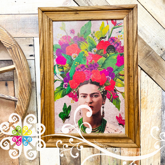 Large Frida Wall Art - Rustic Wood Frame Litografia