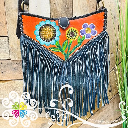 Blue Floral Bouquet Strips Leather Bag