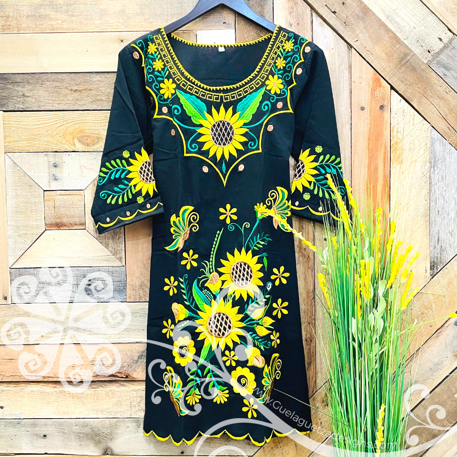 Sunflower Embroider Dress - 3/4 Sleeve