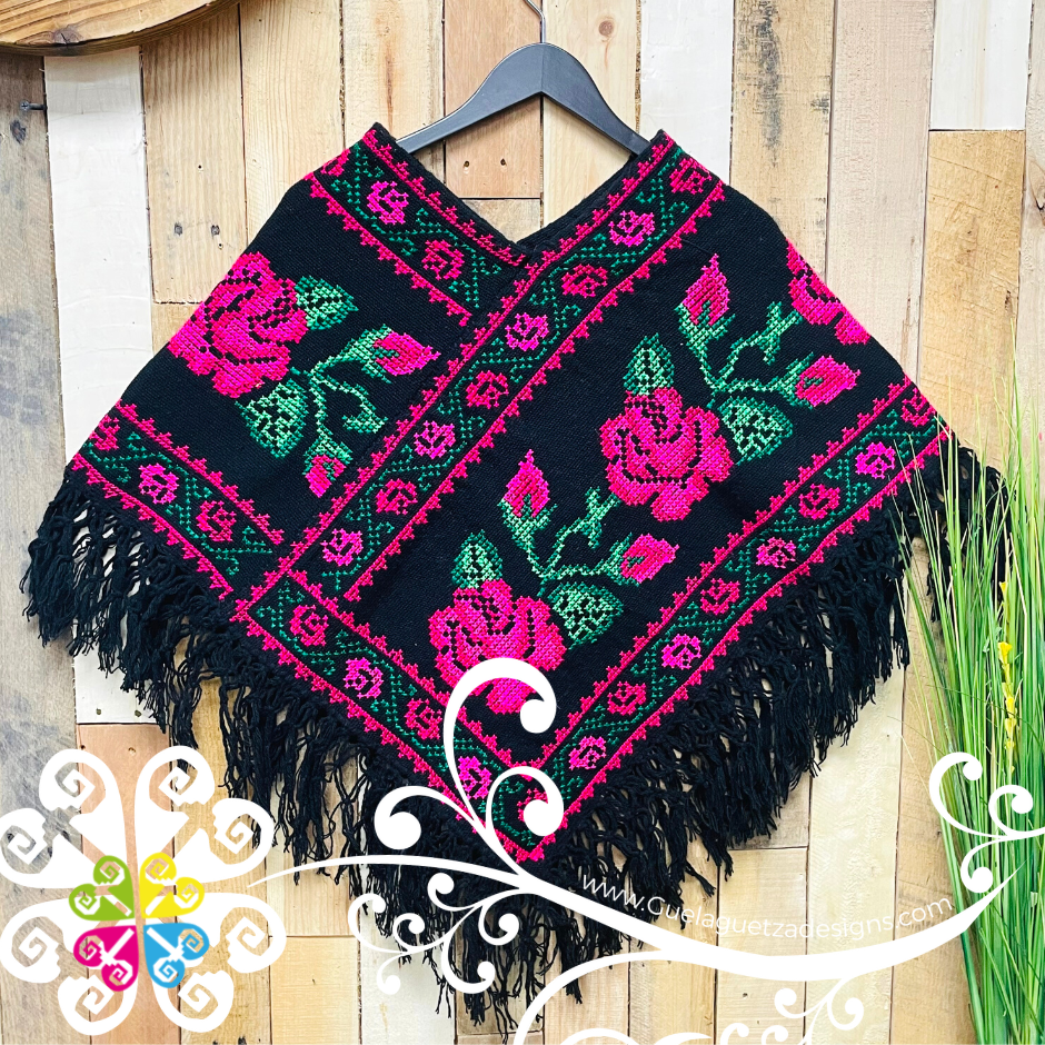 Black Roses Design Embroider Poncho - Mañanita