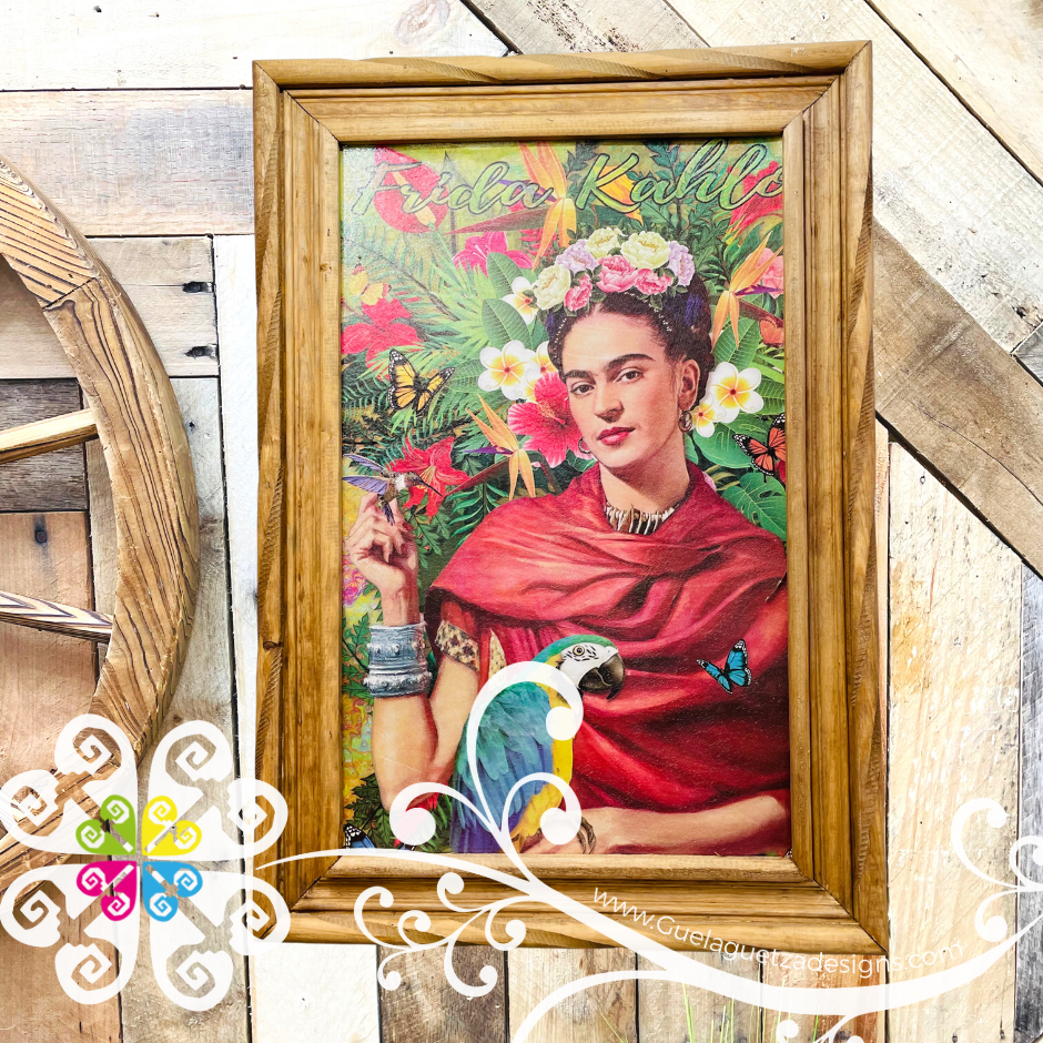 Large Frida Wall Art - Rustic Wood Frame Litografia