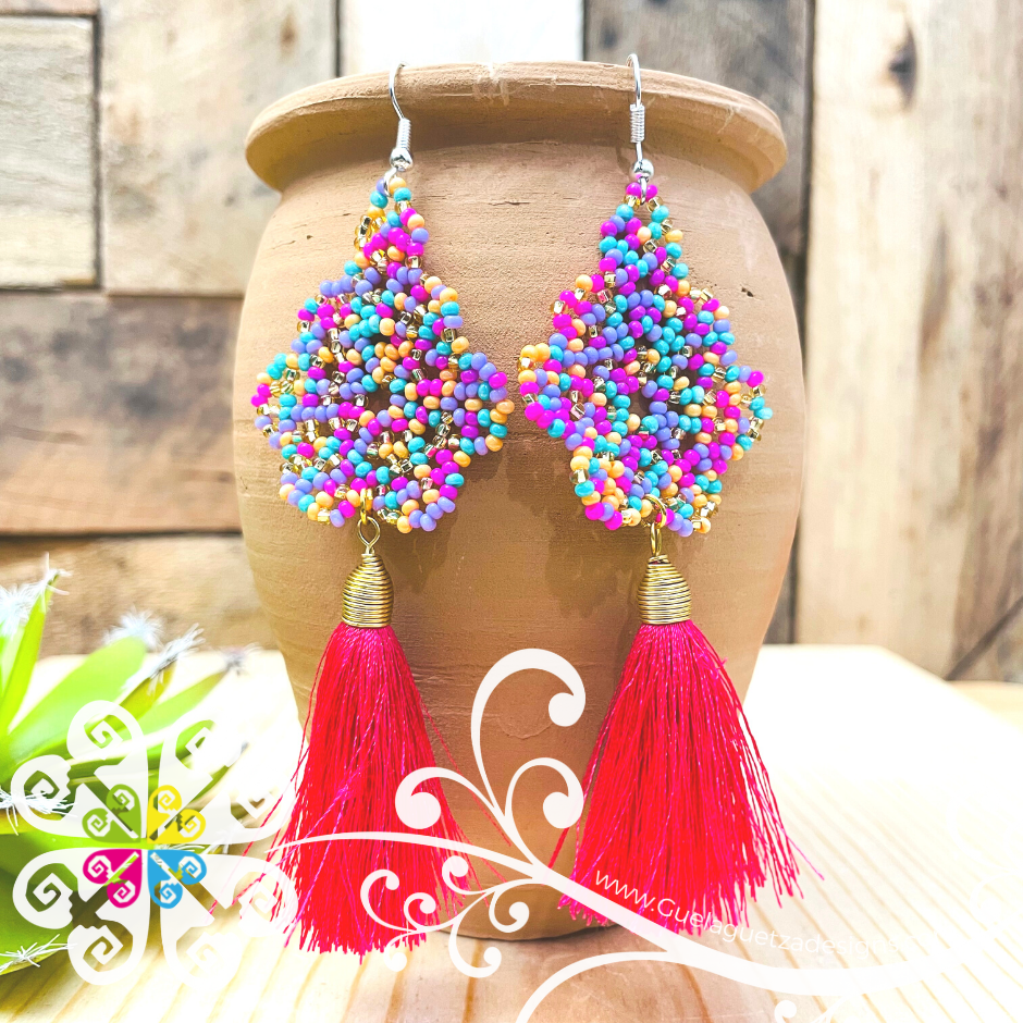 Beaded Flower with Tassel Earrings