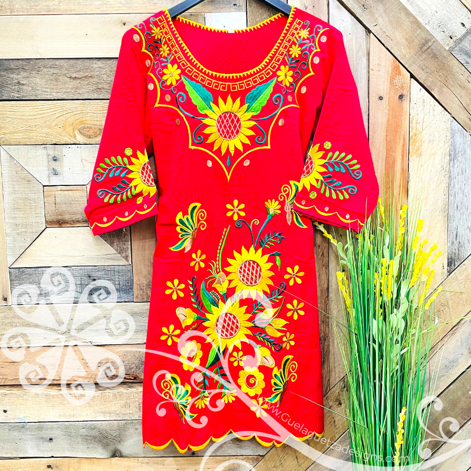 Sunflower Embroider Dress - 3/4 Sleeve