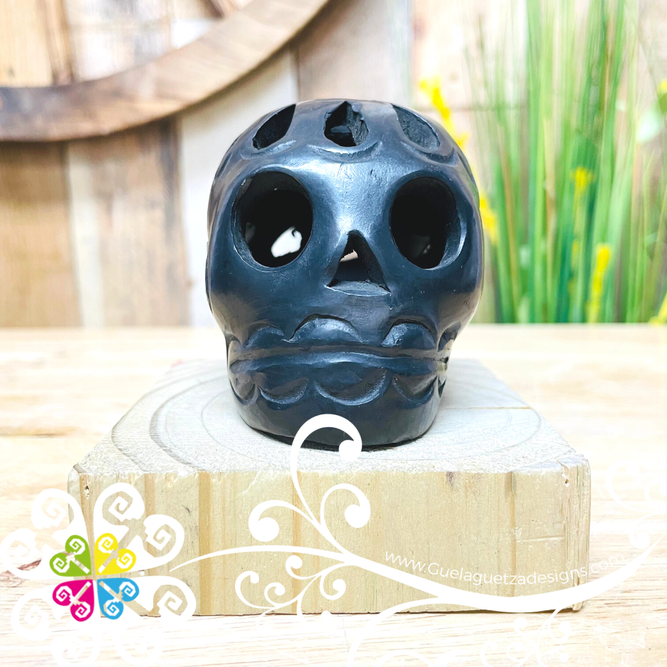 Mini Marigold Skull  - Black Clay Oaxaca