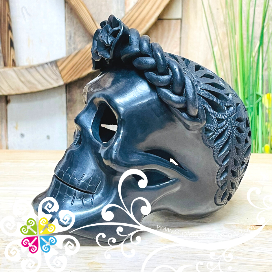 Large Frida Skull  - Black Clay Oaxaca