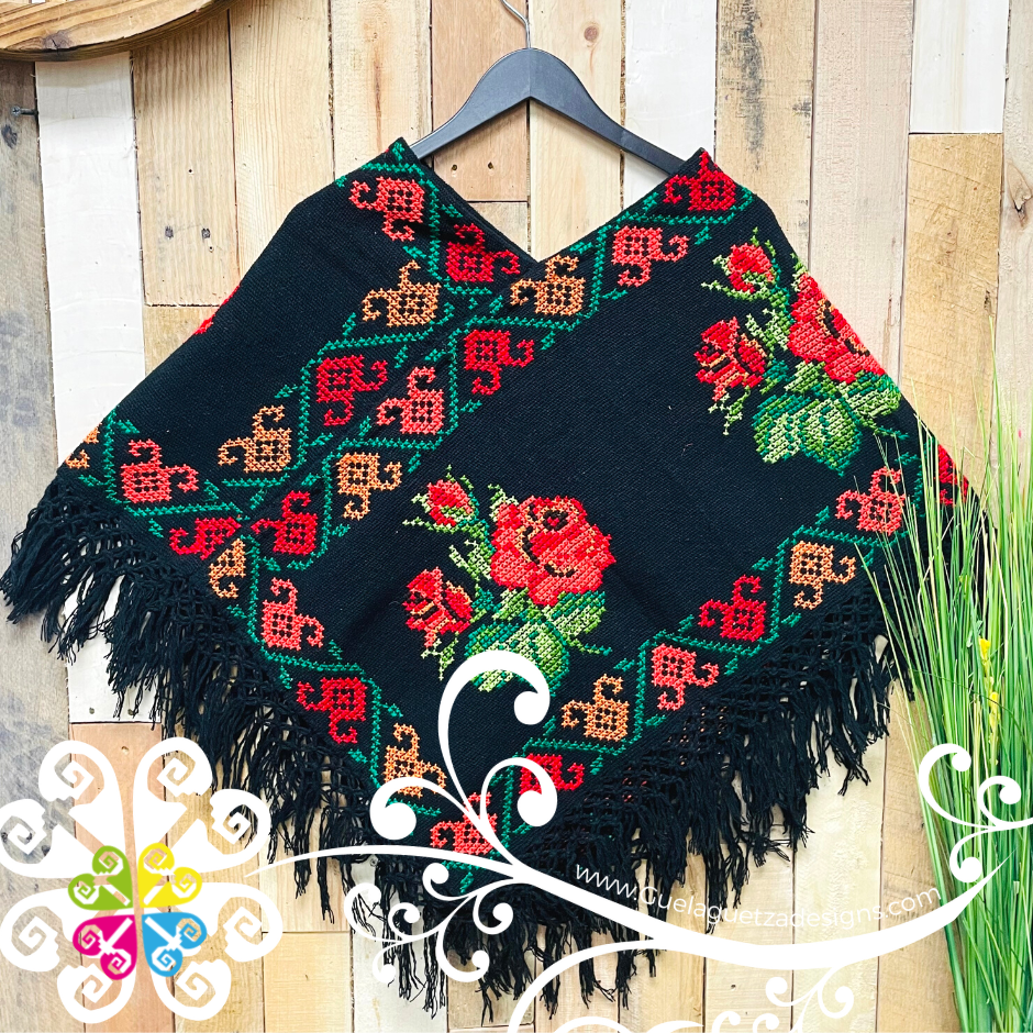 Black Roses Design Embroider Poncho - Mañanita