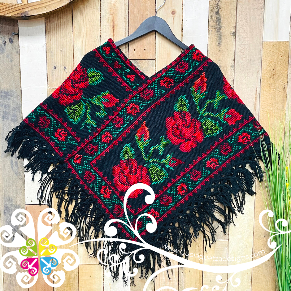 Black Roses Design Embroider Poncho - Mañanita