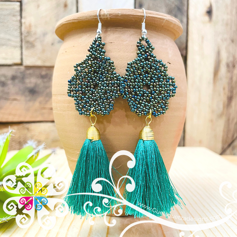 Beaded Flower with Tassel Earrings