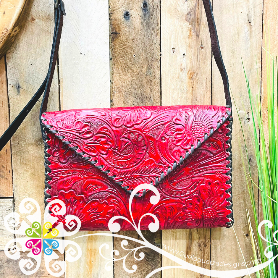 Floral Stamping Leather Crossbody - Carteron de Piel