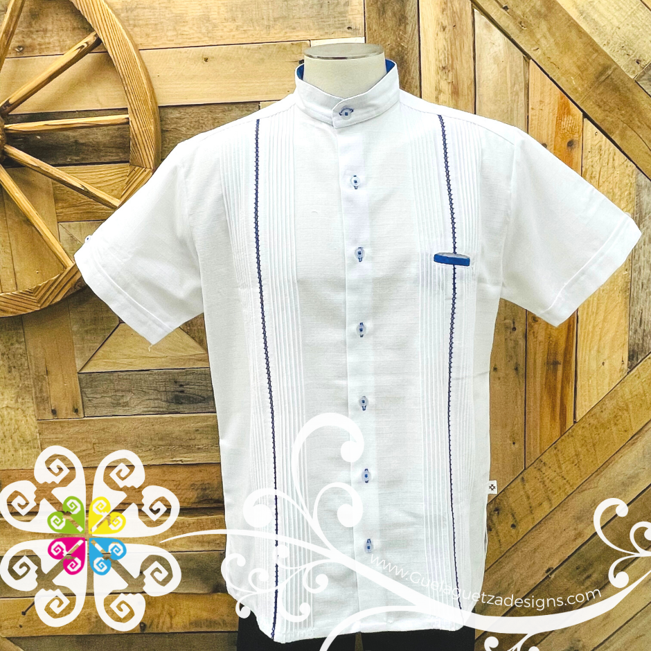 White with Royal Blue Lines Picuela Guayabera - Short Sleeve Linen Guayabera