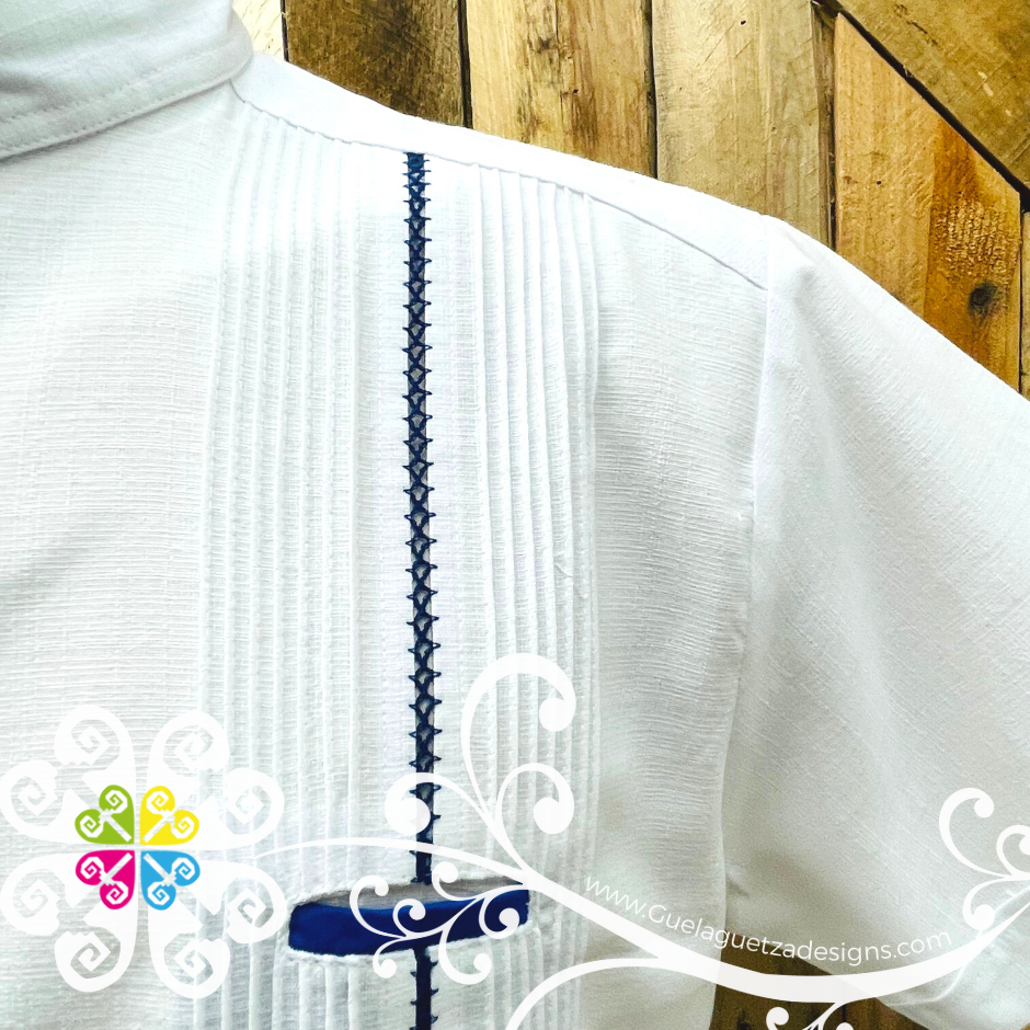 White with Royal Blue Lines Picuela Guayabera - Short Sleeve Linen Guayabera