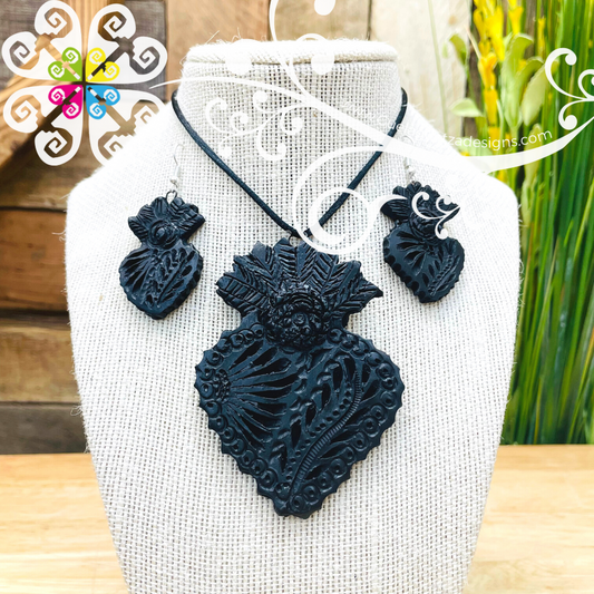 3- Calenda Heart Set - Black Clay Jewelry