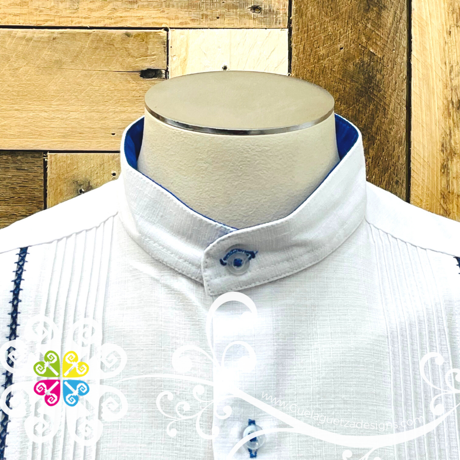 White with Royal Blue Lines Picuela Guayabera - Short Sleeve Linen Guayabera