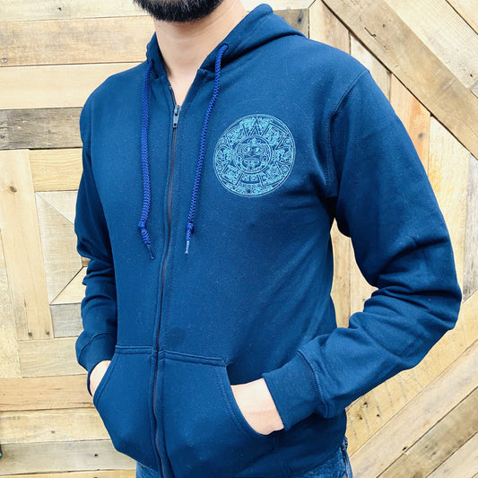 Navy Blue Embroider Men Hoodie - Aztec Calendar